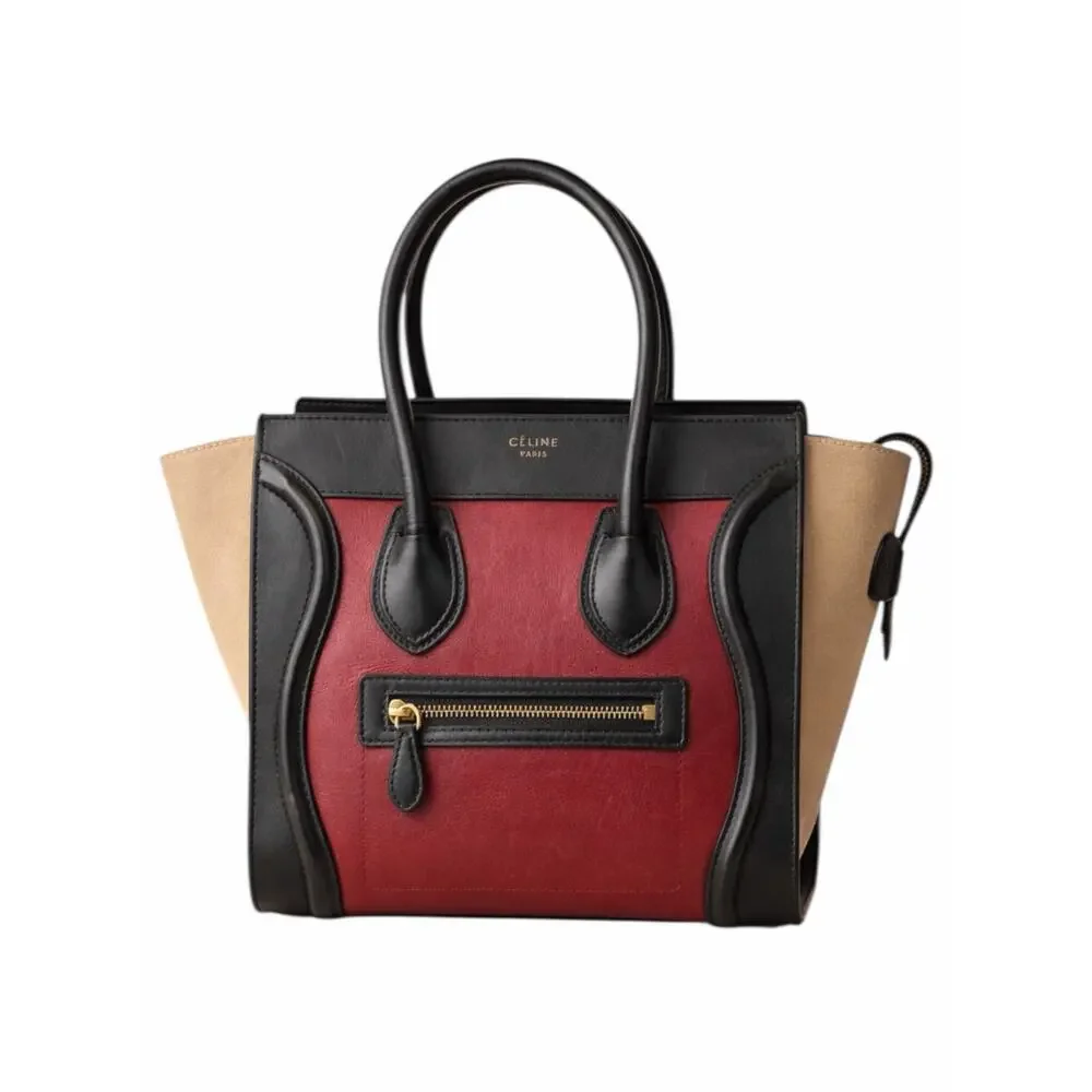 Celine Tricolor Mini Luggage Tote Bag Calf Leather Suede Rust Red Black